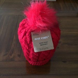 JUST COZY KNIT HAT BONNET.  ONE SIZE FITS.  COLOR: RED